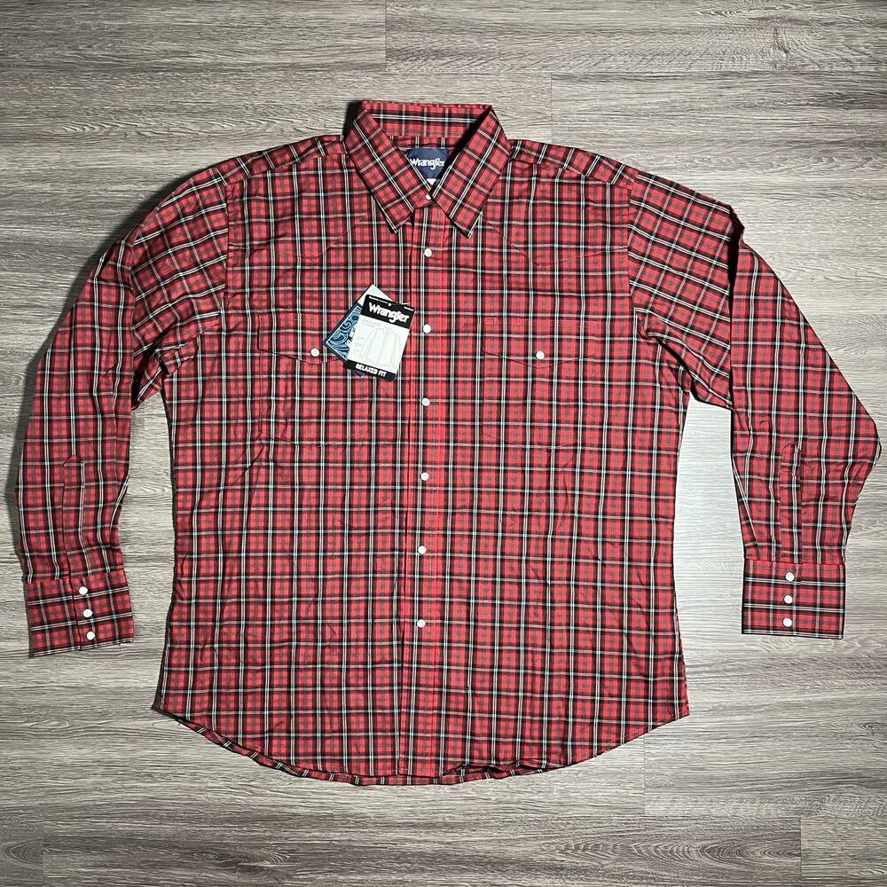 Wrangler Western Pearl Snap Shirt Men's XL Relaxed Fit Red Plaid Stretch NWT